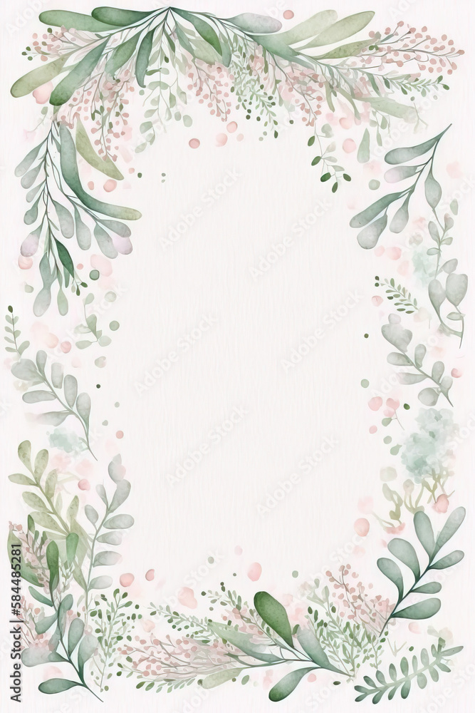 Watercolor banner with green eucalyptus leaves and branches. Spring or summer flowers for invitation, wedding or greeting cards. Generative AI
