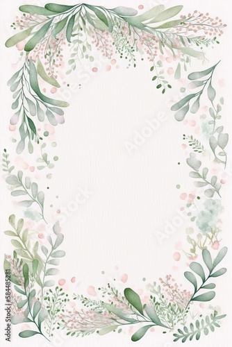 Watercolor banner with green eucalyptus leaves and branches. Spring or summer flowers for invitation  wedding or greeting cards. Generative AI