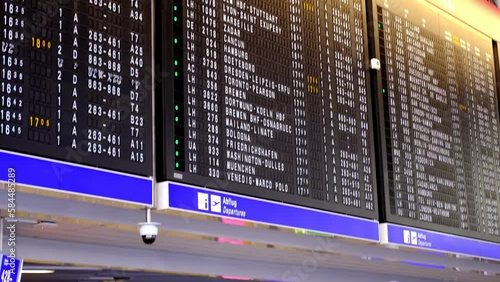 man and two children with backpacks and suitcase, Travelers standing in lobby of modern european Frankfurt airport in front information board, concept travel, voyage, Frankfurt, Germany - August 2022