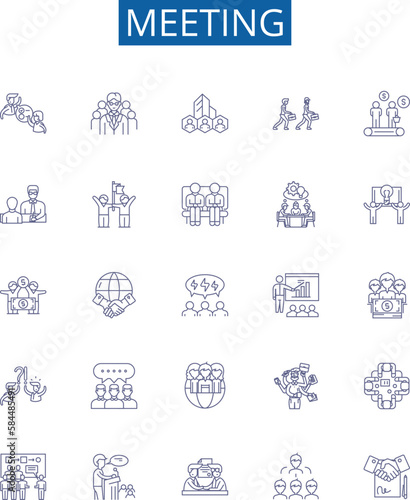 Meeting line icons signs set. Design collection of Gathering, Conclave, Conference, Reunion, Forum, Dialogue, Congress, Colloquium outline concept vector illustrations