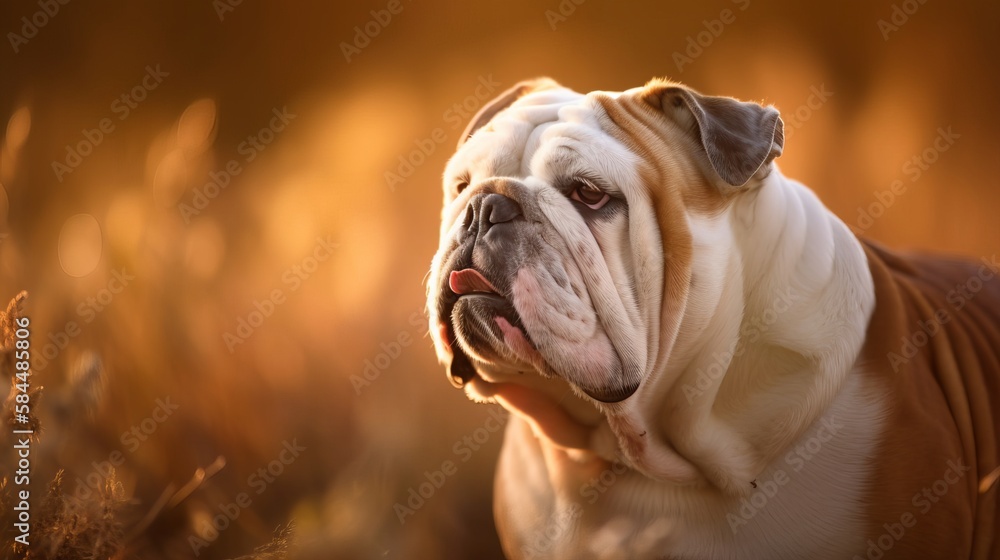 bulldog in the outdoors at sunset.