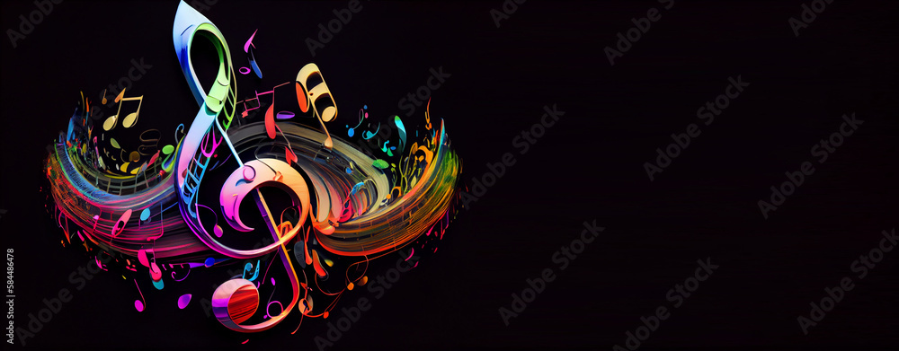 Music stave and treble clef colorful splash illustration on black background, horizontal banner with copy space. Generative AI