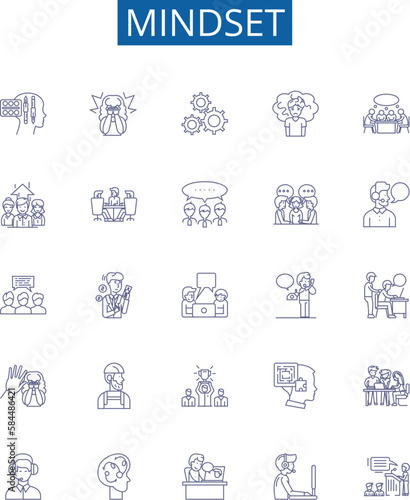 Mindset line icons signs set. Design collection of Attitude, Outlook, Perspective, Psyche, Disposition, Worldview, Thinking, Tenor outline concept vector illustrations