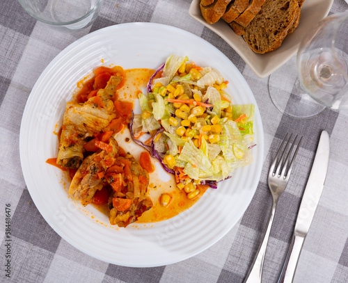 Delicious chicken meat with lettuce and bell pepper