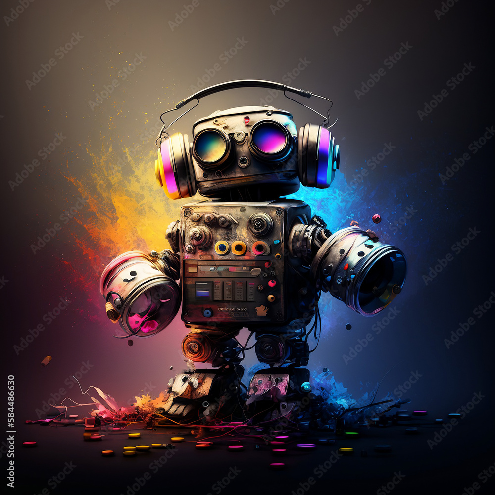 Colorful 3D Robot with Headphones, clean art, generative, ai