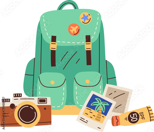 Composition of travel elements Hiking backpack and camera