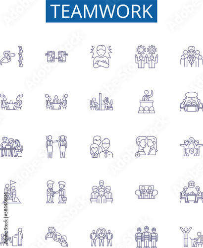 Teamwork line icons signs set. Design collection of Collaboration, Cooperation, Synergy, Affinity, Union, Joint, Unity, Alliance outline concept vector illustrations