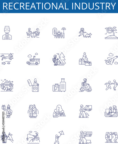 Recreational industry line icons signs set. Design collection of Hiking, Boating, Skiing, Fishing, Camping, Swimming, Surfing, Kayaking outline concept vector illustrations