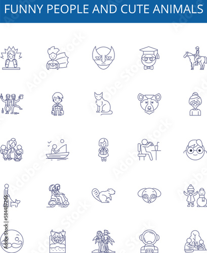 Funny people and cute animals line icons signs set. Design collection of Humorous, Furry, Adorable, Amusing, Grinning, Playful, Charming, Cheerful outline concept vector illustrations
