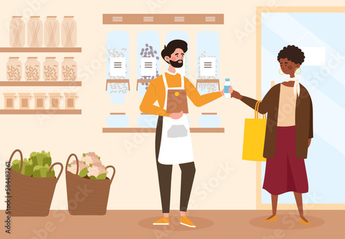 Buy organic food. Man holds out bottle to woman. Young guy in eco store, salesman and small business owner. Healthy lifestyle and eating, farmers local market. Cartoon flat vector illustration
