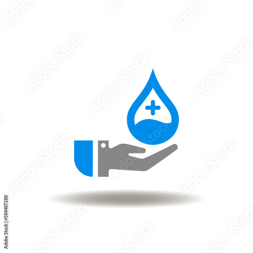 Vector illustration of hand and blood drop with healthcare cross. Icon of blood donation and donor. Symbol of blood and plasma transfusion.