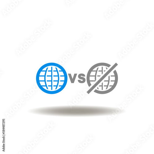 Vector illustration of earth planet versus no or stop globe. Icon of online vs offline. Symbol of online internet technology integration.
