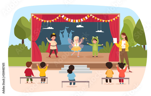 Children theater concept. Boy dressed as prince, fairy girl and schoolboy frog. Children on stage of theater show fairy tale, perform in front of schoolmates. Cartoon flat vector illustration