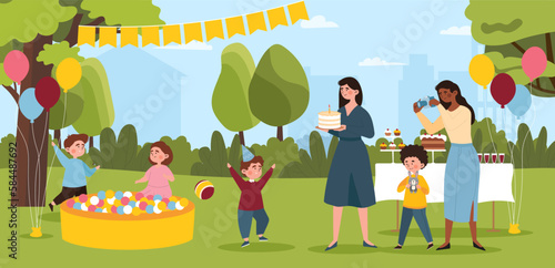 Childrens birthday party. Boys and girls in backyard with pool of balls and stand near table with desserts and delicacies. Celebration and event, festival. Cartoon flat vector illustration