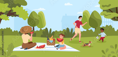 Family outdoor pastime. Man plays football with his son in backyard, mother and daughter lie on blanket and eat pieces of watermelon. Parents and kids spend time. Cartoon flat vector illustration