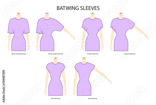 Set of Batwing sleeves clothes elbow, medium, short length technical fashion illustration with fitted body. Flat apparel template front side. Women, men unisex CAD mockup
