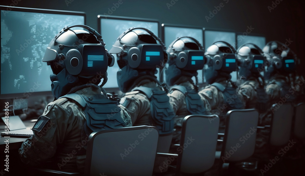Cyber army in front of monitor (created with Generative AI) Cyber army in front of monitor (created with Generative AI)