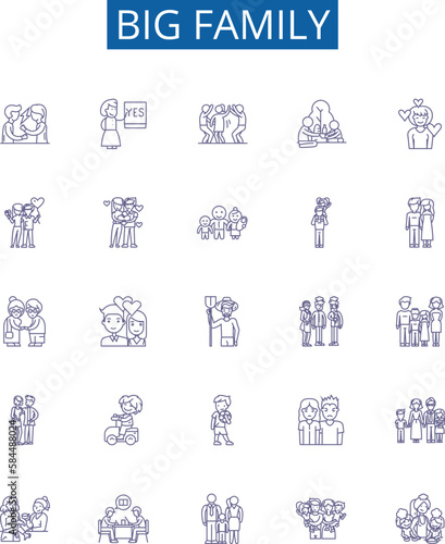 Big family line icons signs set. Design collection of Large, Clan, Extended, Kin, Household, Clan, Brood, Tribe outline concept vector illustrations