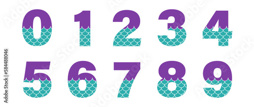 Mermaid birthday number 0-9 set. Clipart image isolated on white background