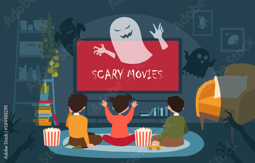 Kids watching scary movie. Boys and girls sitting with popcorn in front of screen. Horror film or serial. Evening entertainment, friends spend time together. Cartoon flat vector illustration