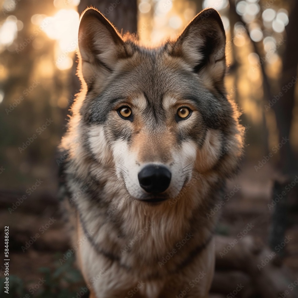 Close-up portrait of a wolf in the forest