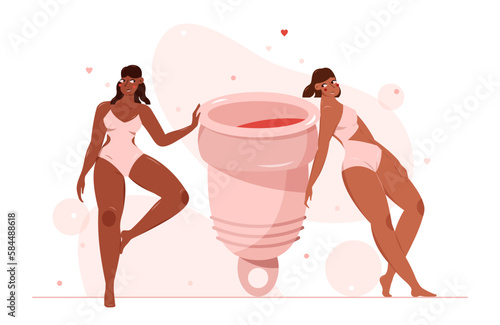 Menstrual cup and two women with hygiene accessories. Period power concept.