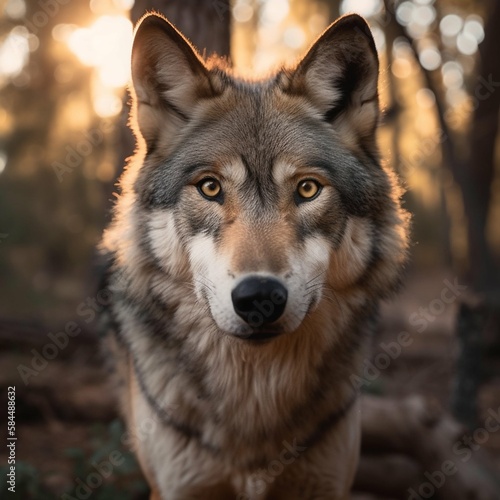Close-up portrait of a wolf in the forest
