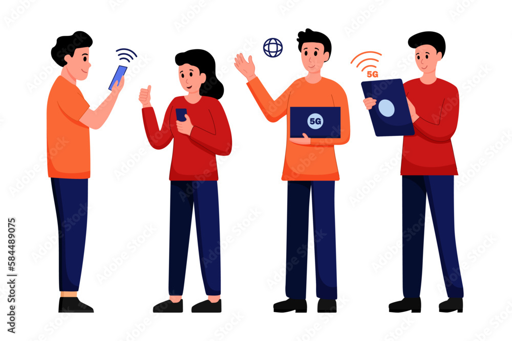 Fototapeta premium Cartoon characters using mobile wireless technology for faster connectivity with smartphones and tablets vector illustration. 5G wireless network technology concept