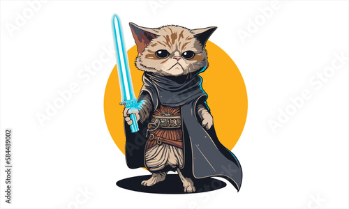 funny cartoon cat in the costume of the hero of the a fantastic film with sword vector illustration
