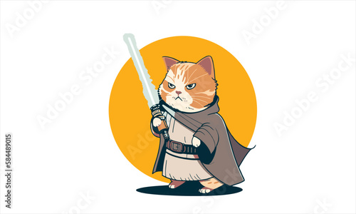 funny cartoon cat in the costume of the hero of the a fantastic film with sword vector illustration
