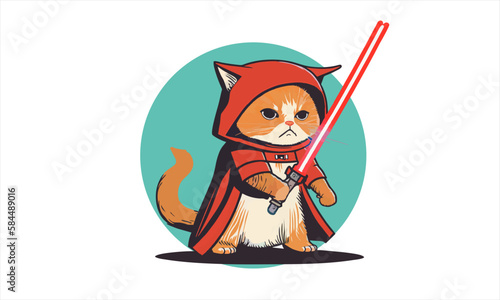 funny cartoon cat in the costume of the hero of the a fantastic film with sword vector illustration
