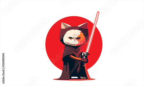 funny cartoon cat in the costume of the hero of the a fantastic film with sword vector illustration