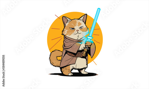 funny cartoon cat in the costume of the hero of the a fantastic film with sword vector illustration