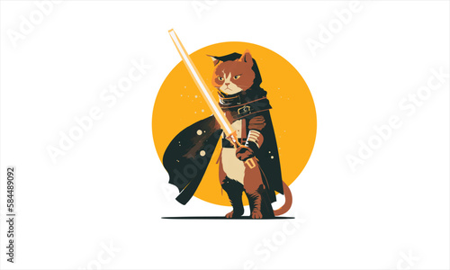 funny cartoon cat in the costume of the hero of the a fantastic film with sword vector illustration