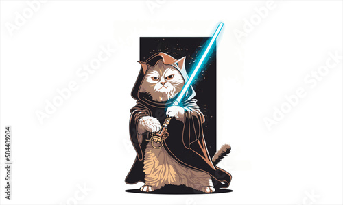 funny cartoon cat in the costume of the hero of the a fantastic film with sword vector illustration