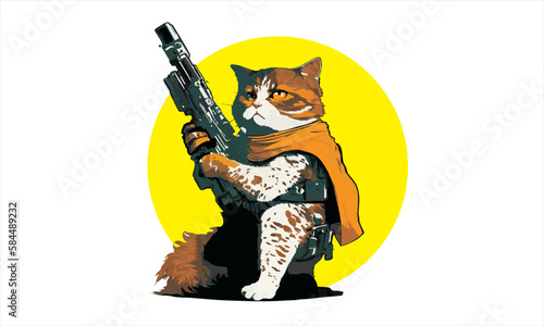 funny cartoon cat in the costume of the hero of the a fantastic film with space gun vector illustration 
