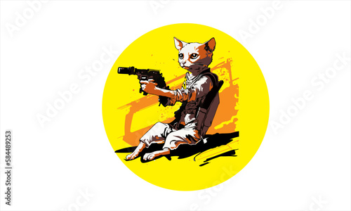 funny cartoon cat in the costume of the hero of the a fantastic film with space gun vector illustration 