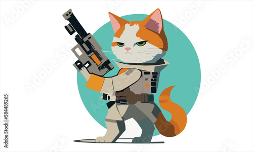 funny cartoon cat in the costume of the hero of the a fantastic film with space gun vector illustration 
