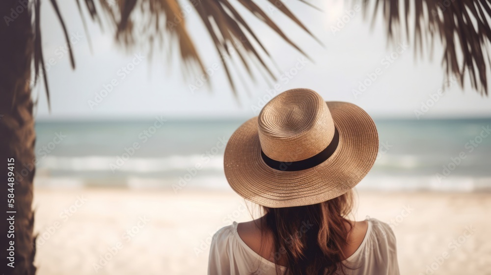 Happy woman with hat relaxing at the seaside and looking away, in the summer against a backdrop of palm trees and sea beach. Summer beach vacation concept. Generative AI.
