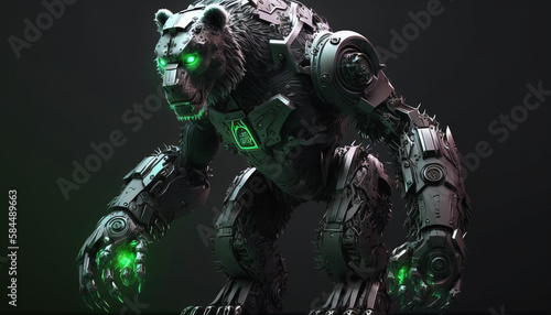 A 3d render of a robot bear with shining green eyes
