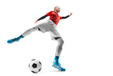 Soccer. The concept of sport. Professional soccer player hits the ball for the winning goal. Wide angle. View from below