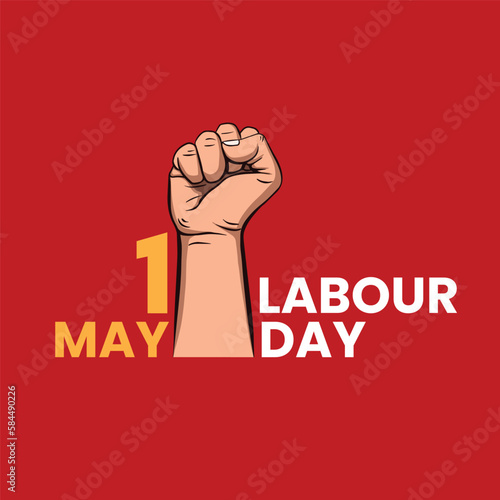 Labor Day vector illustration with a fist raised up hand and the words 1 may day on it. Worker hand raise up vector illustration.