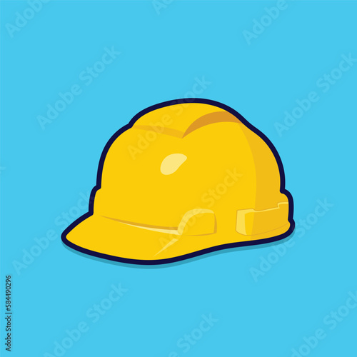 A yellow Construction helmet vector flat style illustration. Safety hard hat for labor. Plastic headwear icon on blue background.