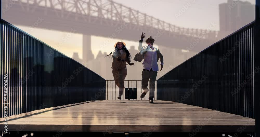 Two People Walking Together on Bridge Road Looking at Surreal Unreal Day Dream Panorama View - Overlay Blending Effect Two People Walking Together on Bridge Road Looking at Surreal Unreal Day Dream Panorama View - Overlay Blending Effect