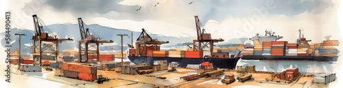 Panoramic banner, cargo container terminal, cargo port, AI generative watercolor illustration