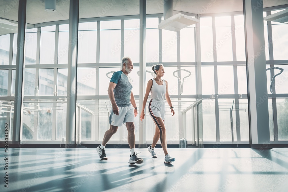Fototapeta premium Middle-aged couple, male and female friends during gym workout, AI generative