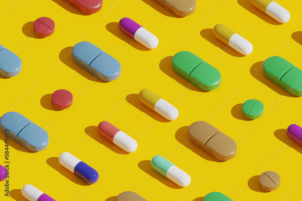 Multiple nutrients arranged on a yellow background, 3d rendering Multiple nutrients arranged on a yellow background, 3d rendering