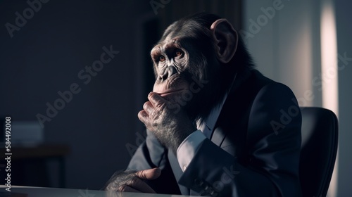 portrait of a monkey wearing business suit outfit sitting at desk at work work, generative ai, abstract elegant business talk © Anna Elizabeth