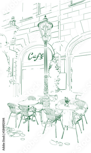 European hand drawn vector illustration. View of the old city and street cafes. Image of tables and a vintage street lamp, european cityscape. Leisure and travel. suitable for menu, banner, postcard, 