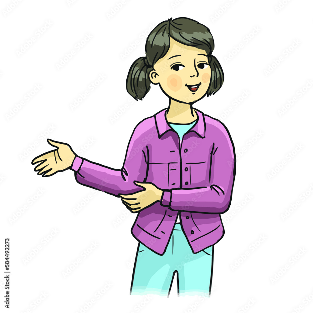 Hand drawn color illustration. A teenage girl points to something with both hands. Inviting gesture. Hand drawn color illustration. A teenage girl points to something with both hands. Inviting gesture.